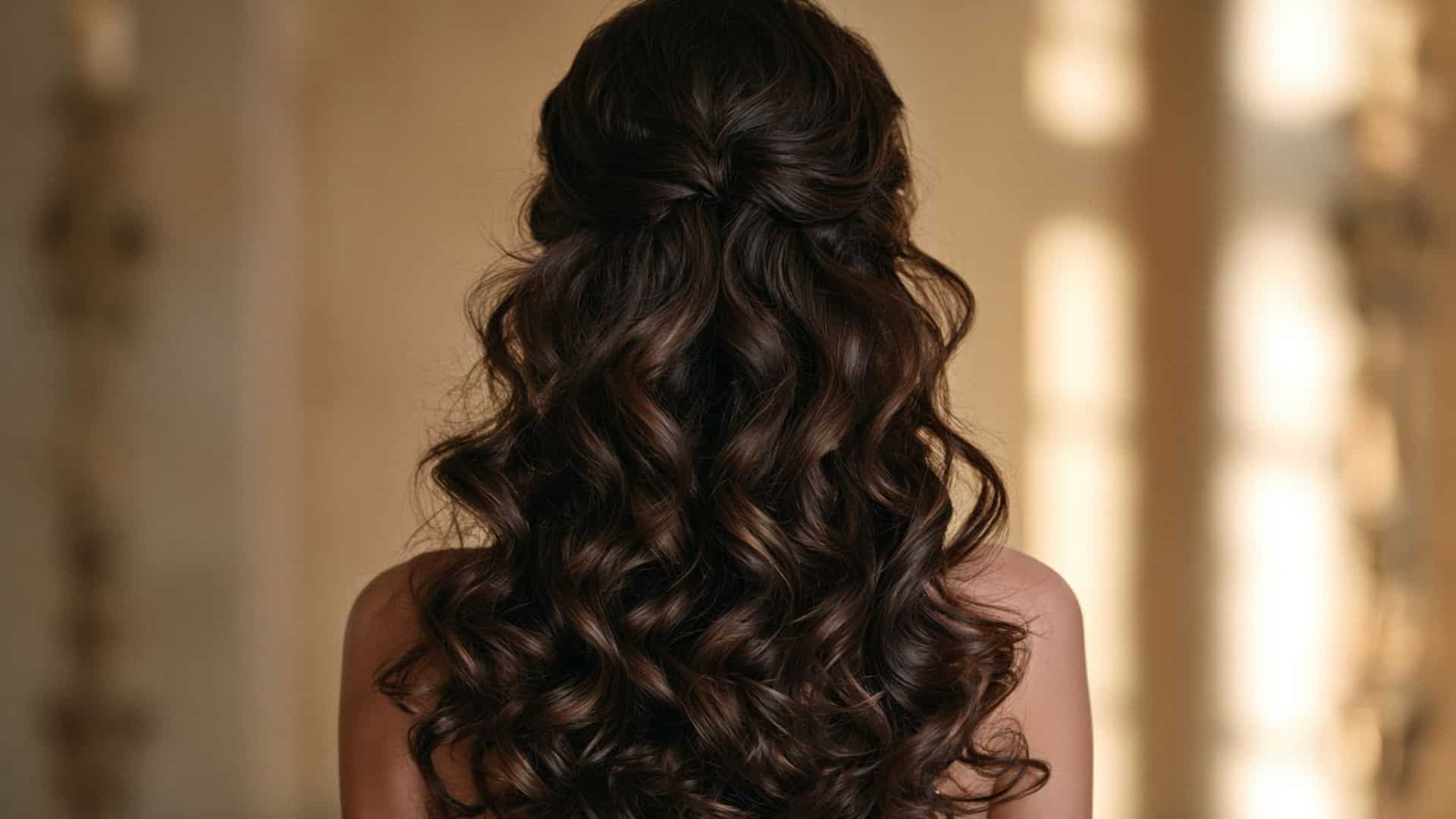Back view of voluminous bridal hair with a full lifted crown and thick half up curls below in natural daylight