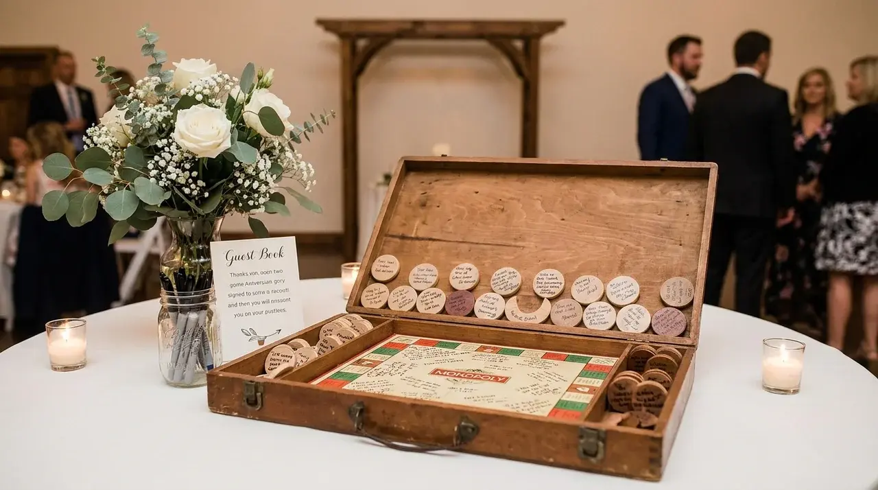 Board game guest book with signed pieces and cards creating a fun wedding keepsake for couples