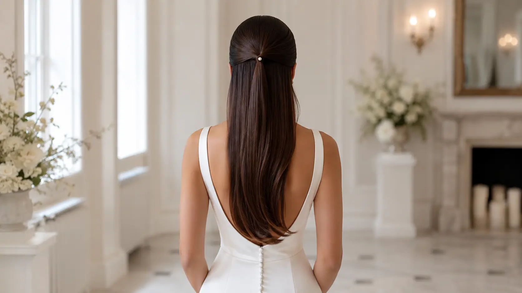 Bride from the back wearing a sleek half up half down wedding hairstyle with smooth straight hair and a minimal pearl accent