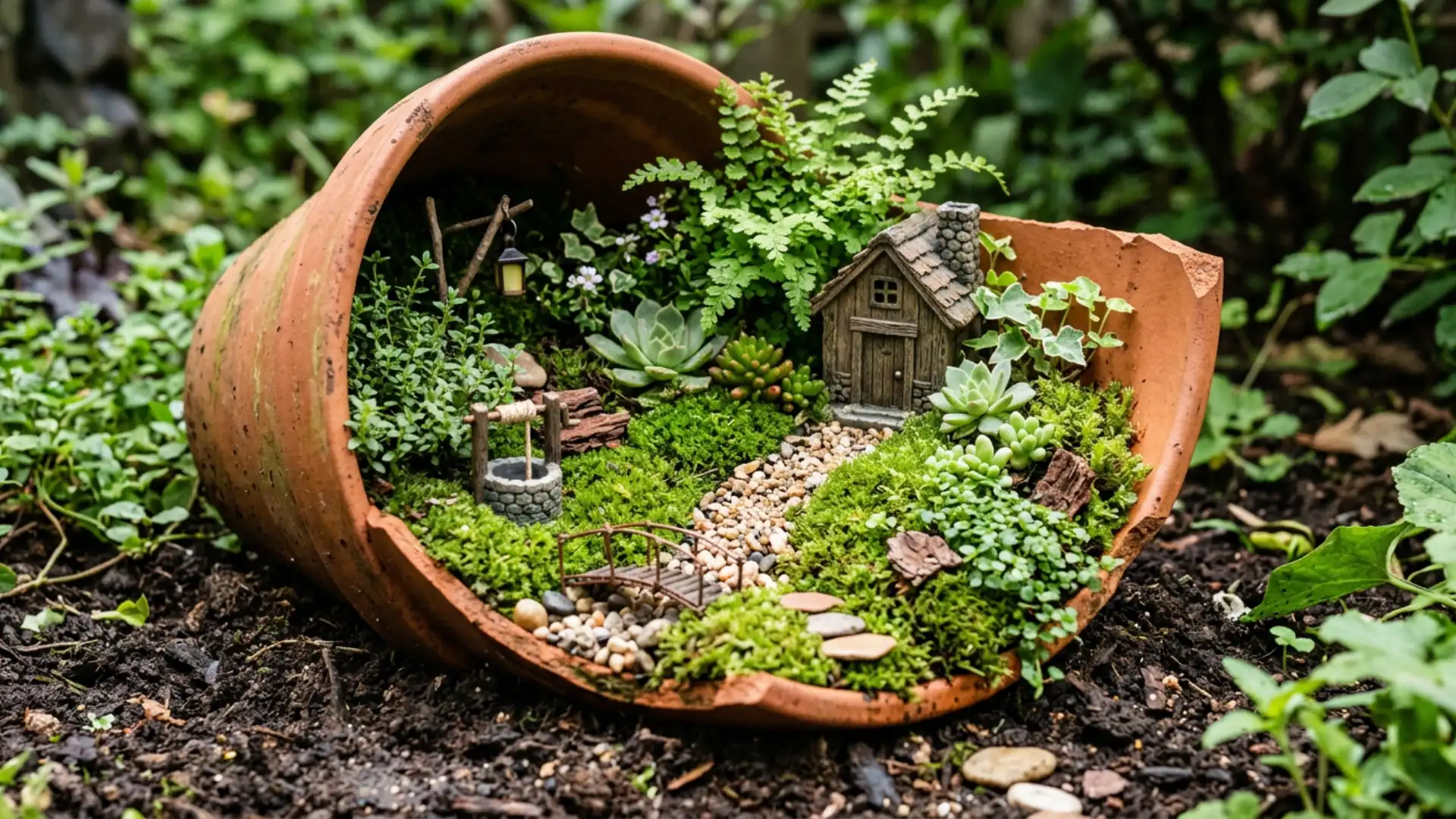 Broken terracotta pot transformed into a miniature fairy garden with plants stones and tiny decorative elements outdoors