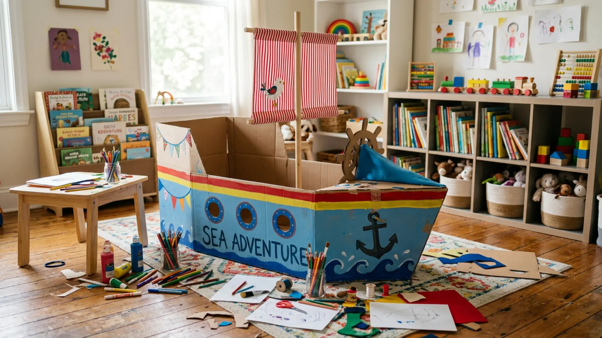 Cardboard boat craft with painted details sail and anchor decorations created as a fun DIY project for kids