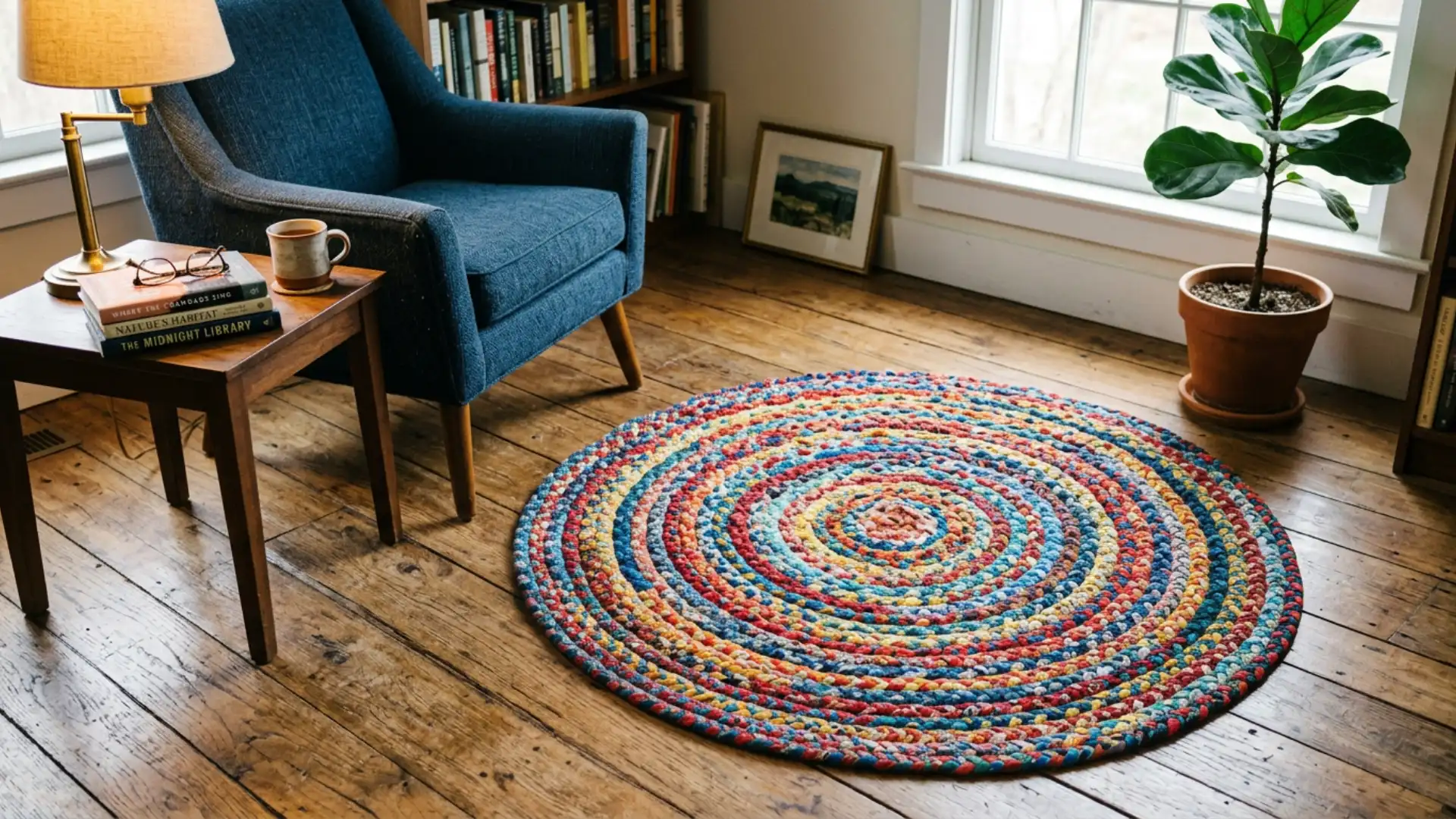 Circular braided rug featuring colorful fabric strips adding a handmade touch to a cozy home interior space