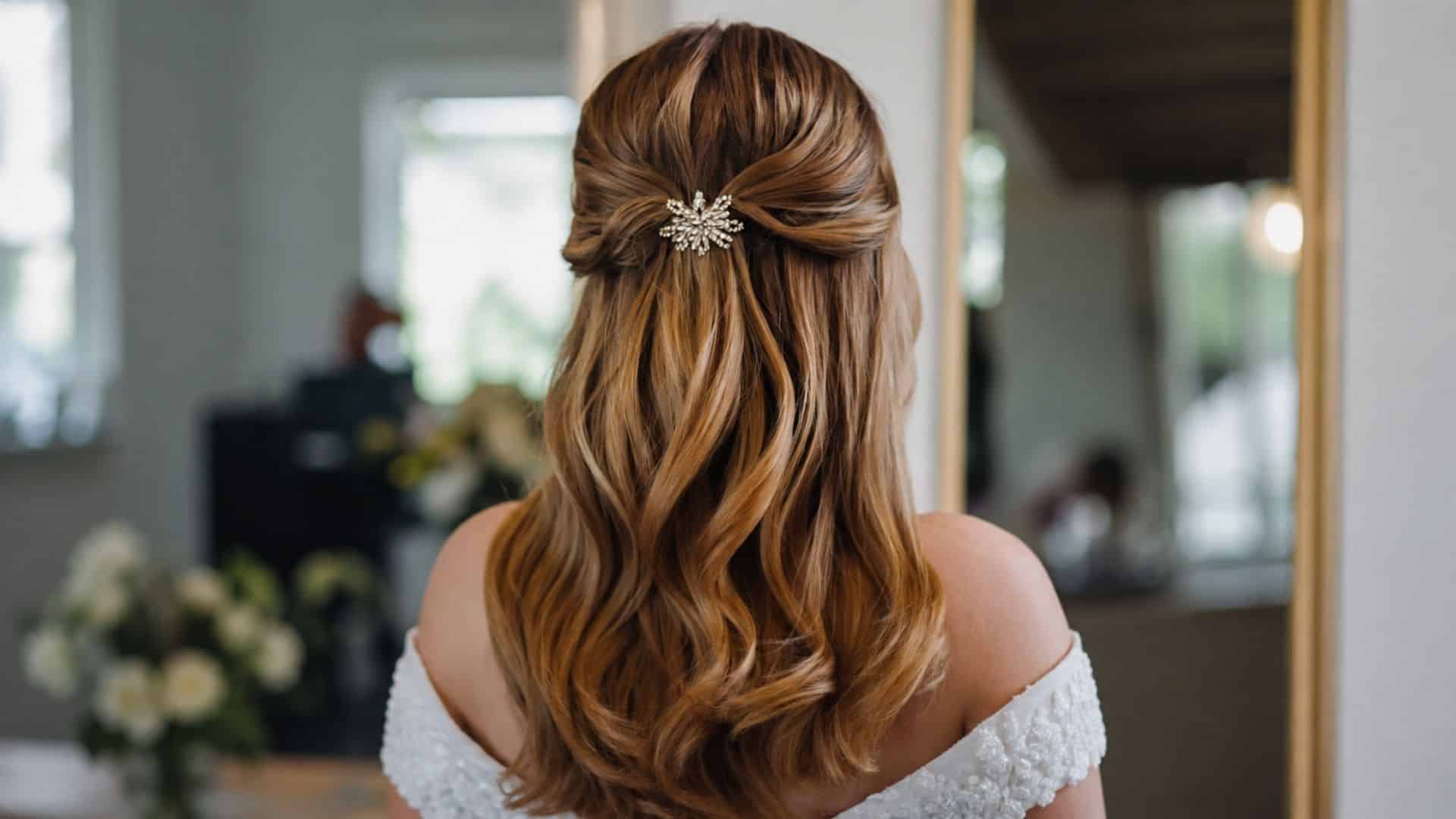 Classic half up half down curls with soft golden brown waves gathered at the back and finished with a jeweled hair clip