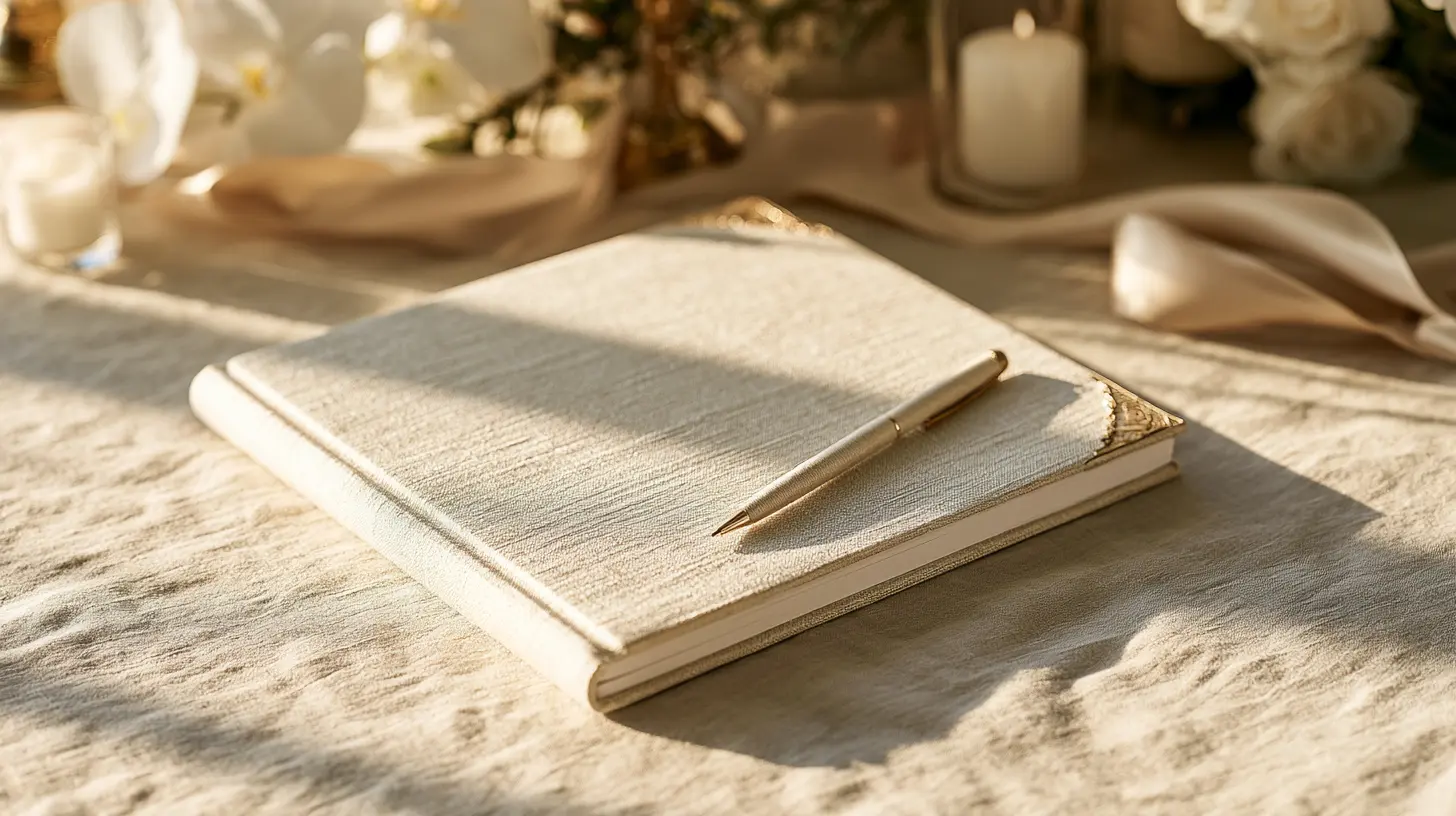 Classic linen wedding guest book displayed on a reception table with flowers candles and elegant writing pen
