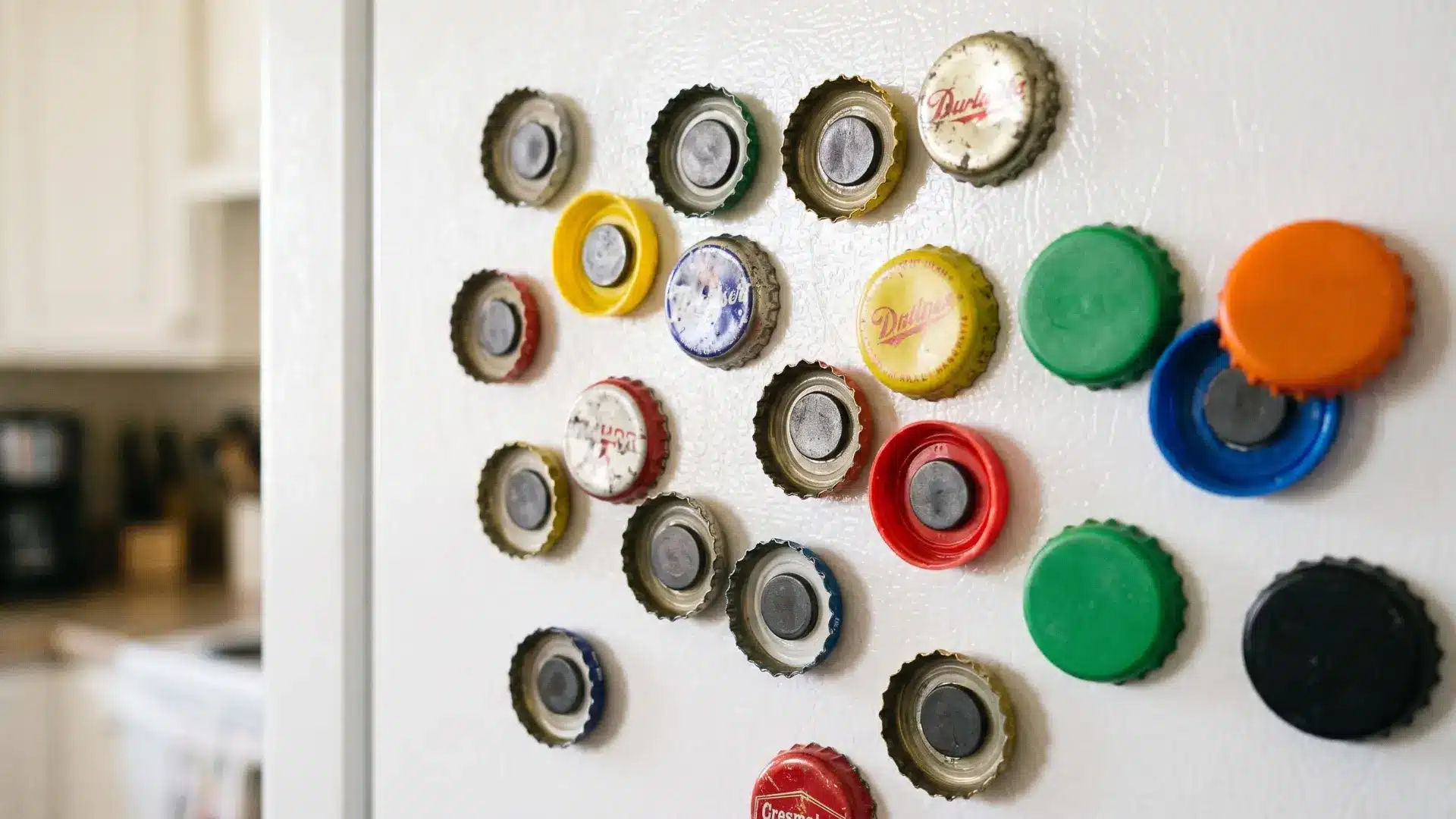 Colorful bottle caps arranged as refrigerator magnets creating a creative recycled craft display on a white surface