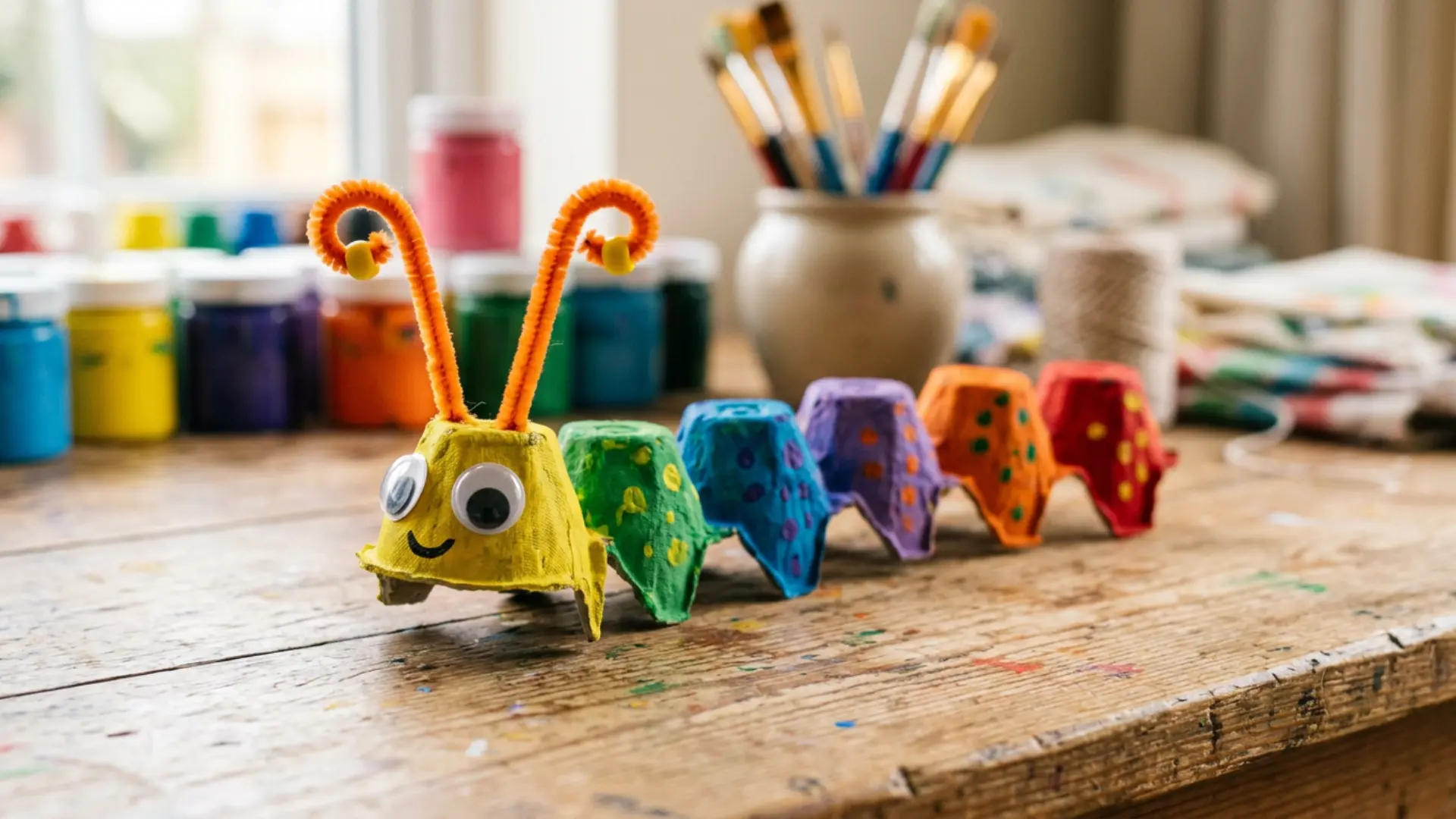 Colorful egg carton caterpillar craft with painted sections googly eyes and pipe cleaner antennae on a table