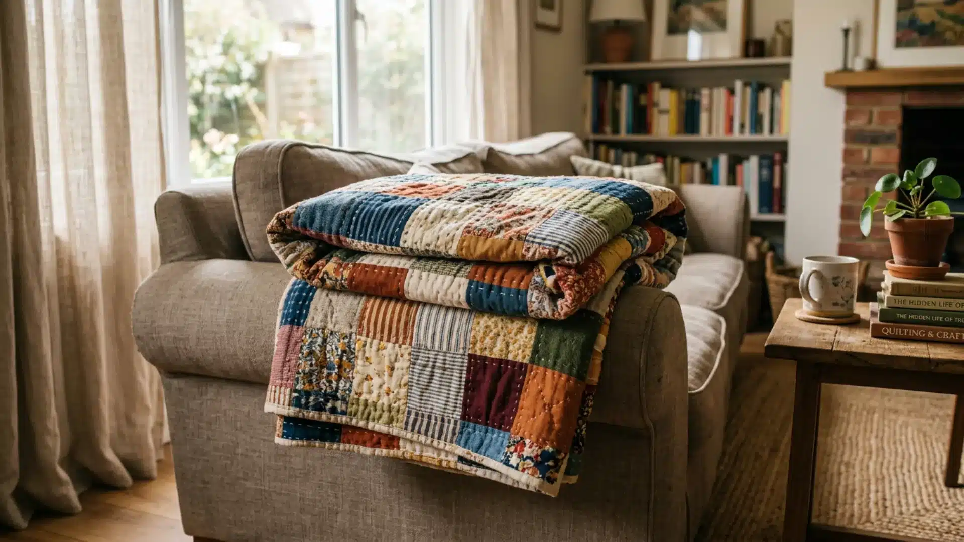 Colorful patchwork quilt folded on a sofa with stitched patterns creating a cozy handmade living room accent