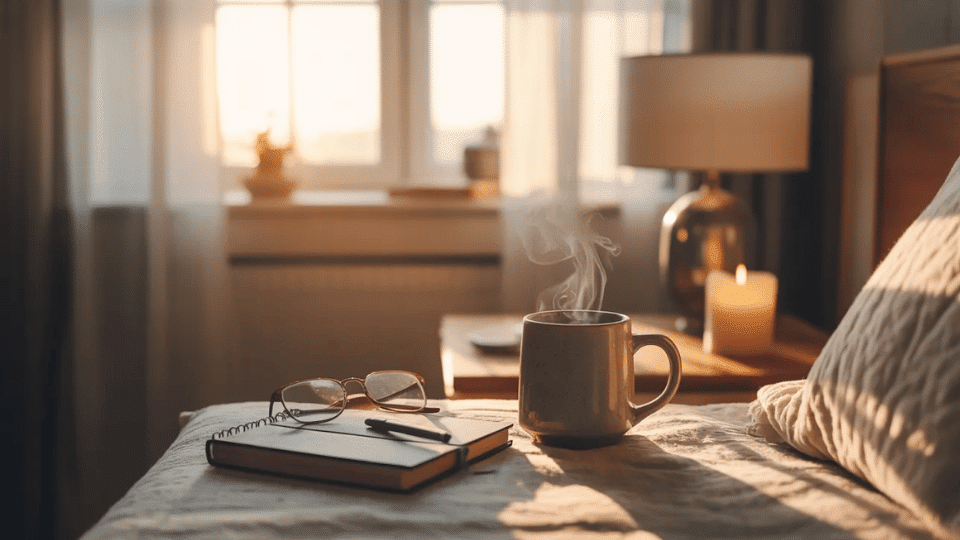 Cozy morning setup with coffee, journal, candle, and sunlight by a bedroom window.