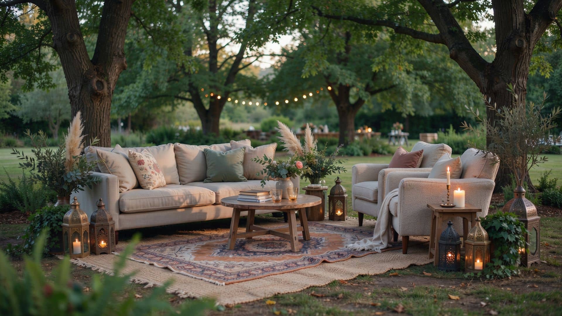 Cozy outdoor wedding lounge with sofas, armchairs, rugs, lanterns, and soft lighting beneath trees