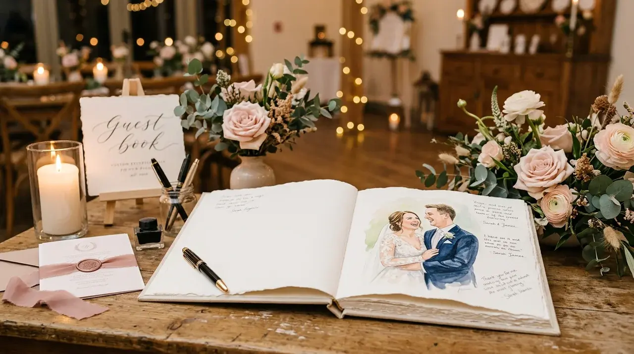Custom wedding portrait guest book with watercolor artwork, guest messages, pen, and floral decorations on reception table
