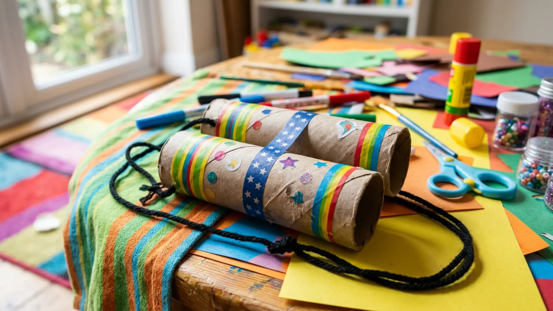 Decorated toilet paper roll craft with colorful tape and strings displayed on a creative kids activity table