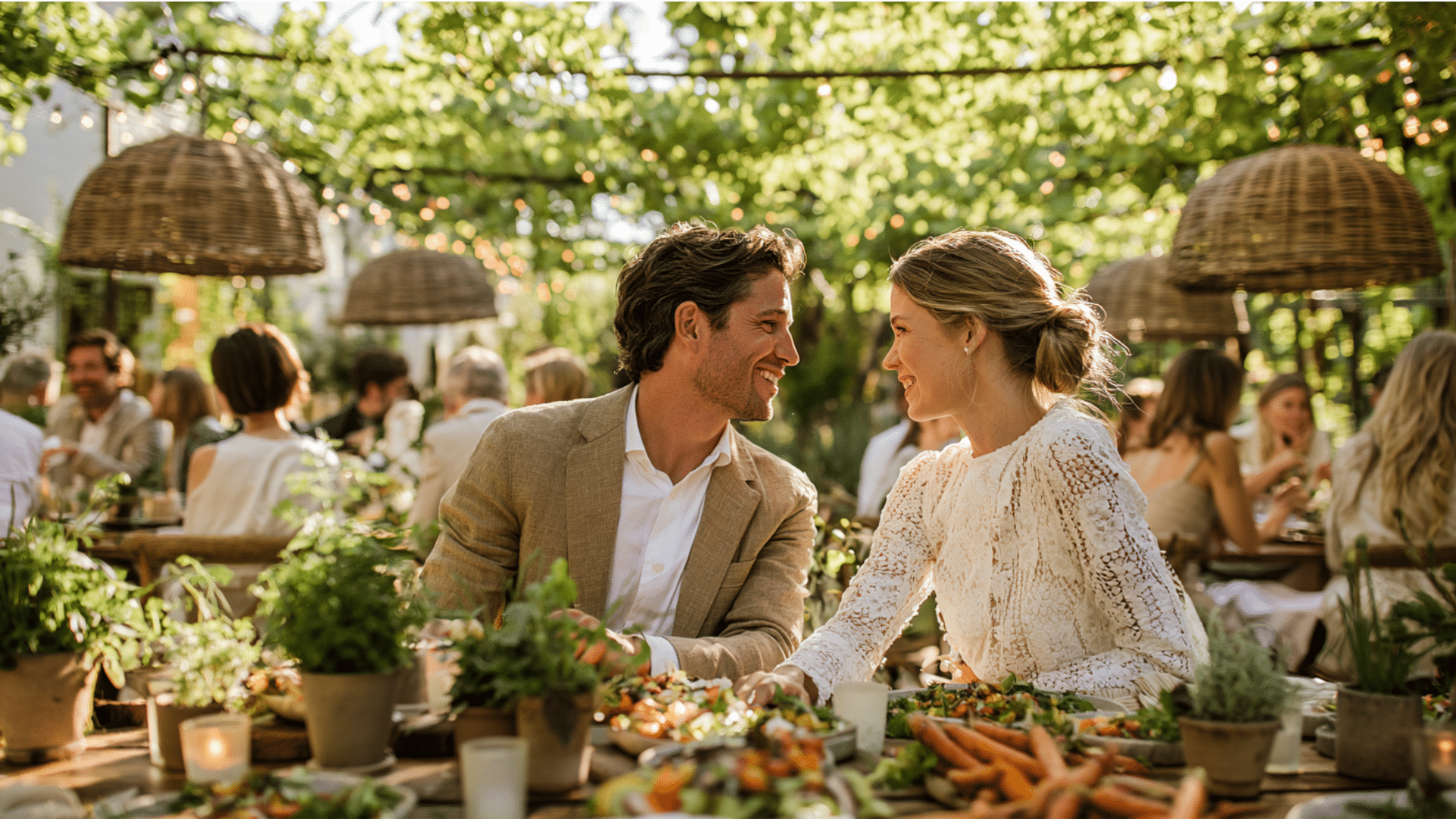 Eco conscious wedding couple dining outdoors with guests, potted herbs, shared vegetables and warm string lights