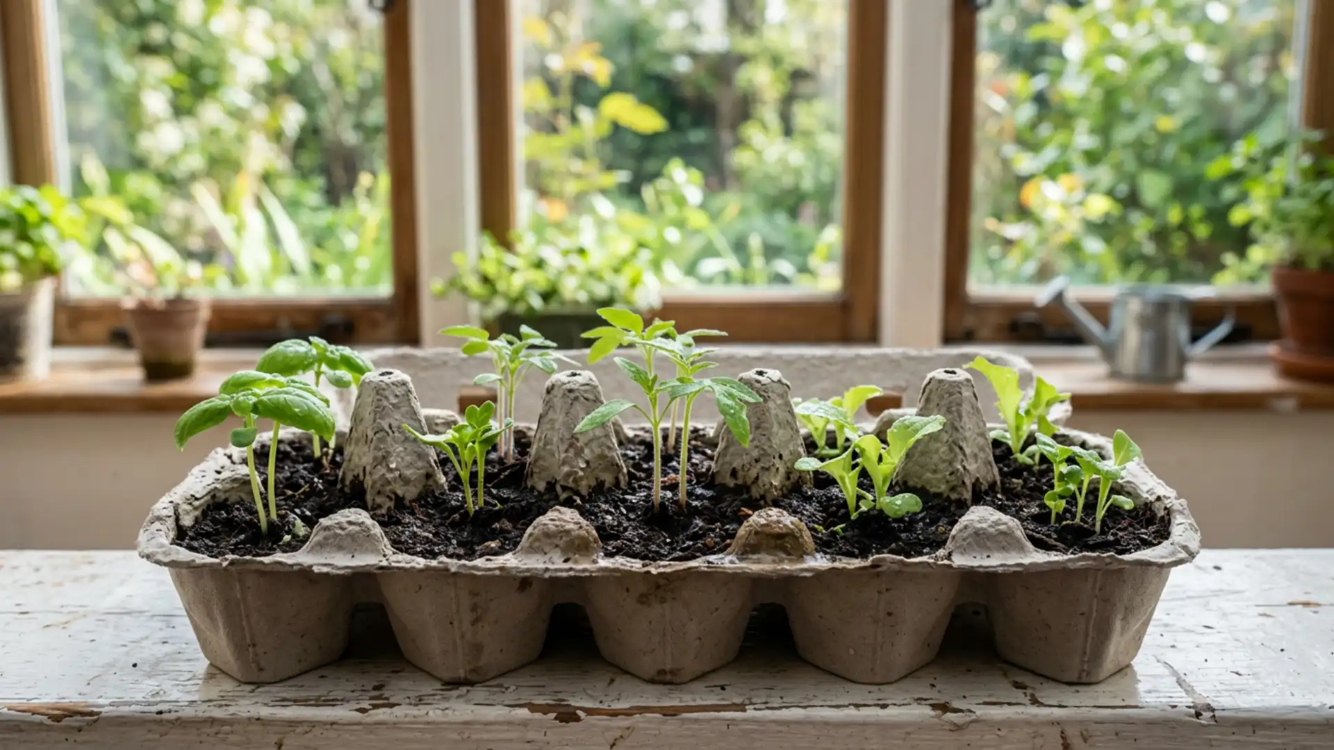 Egg carton seed starter tray with young green seedlings growing indoors near a bright window for gardening projects