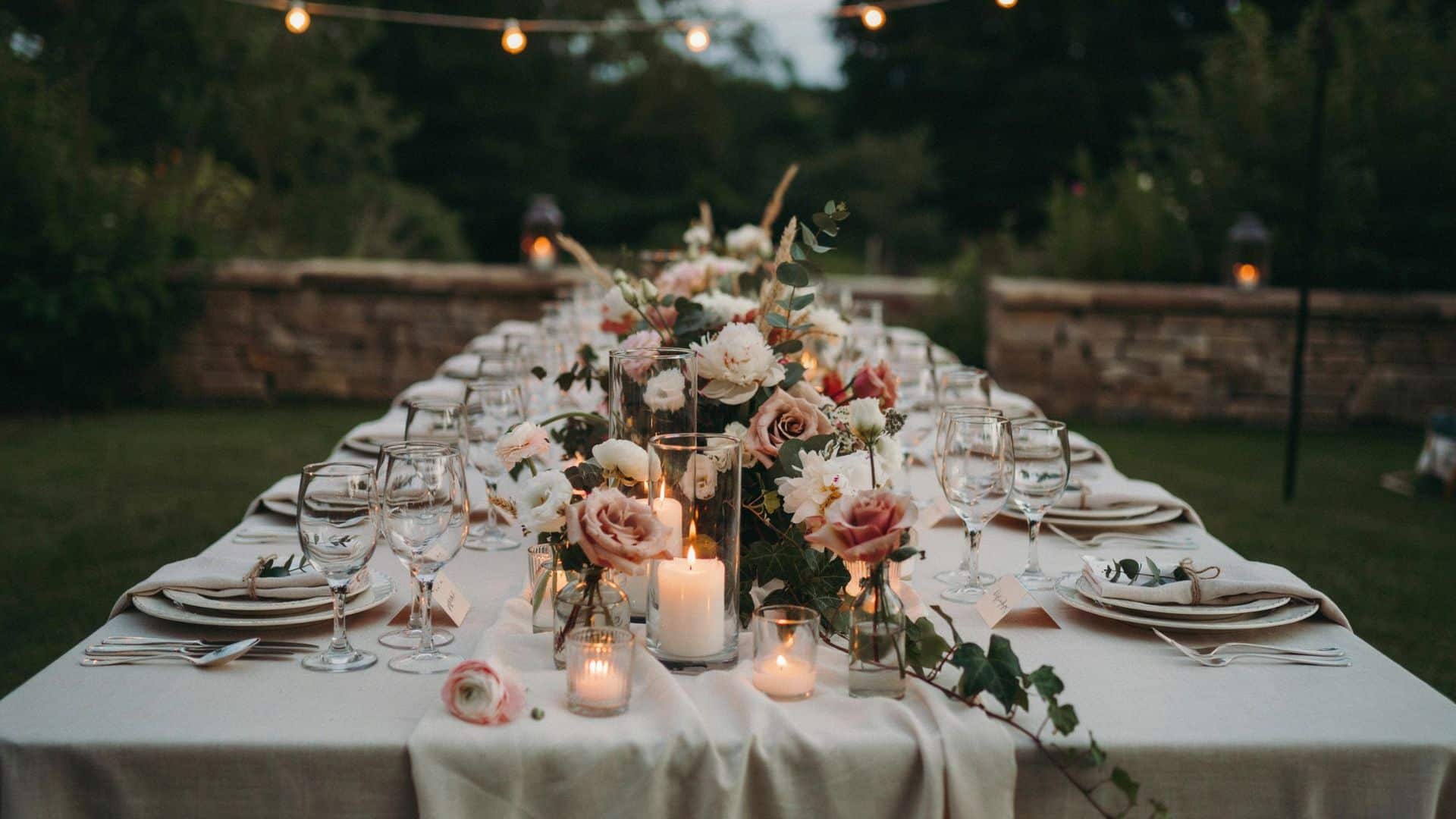 Elegant outdoor wedding reception table decorated with candles, floral centerpieces, and soft evening lighting