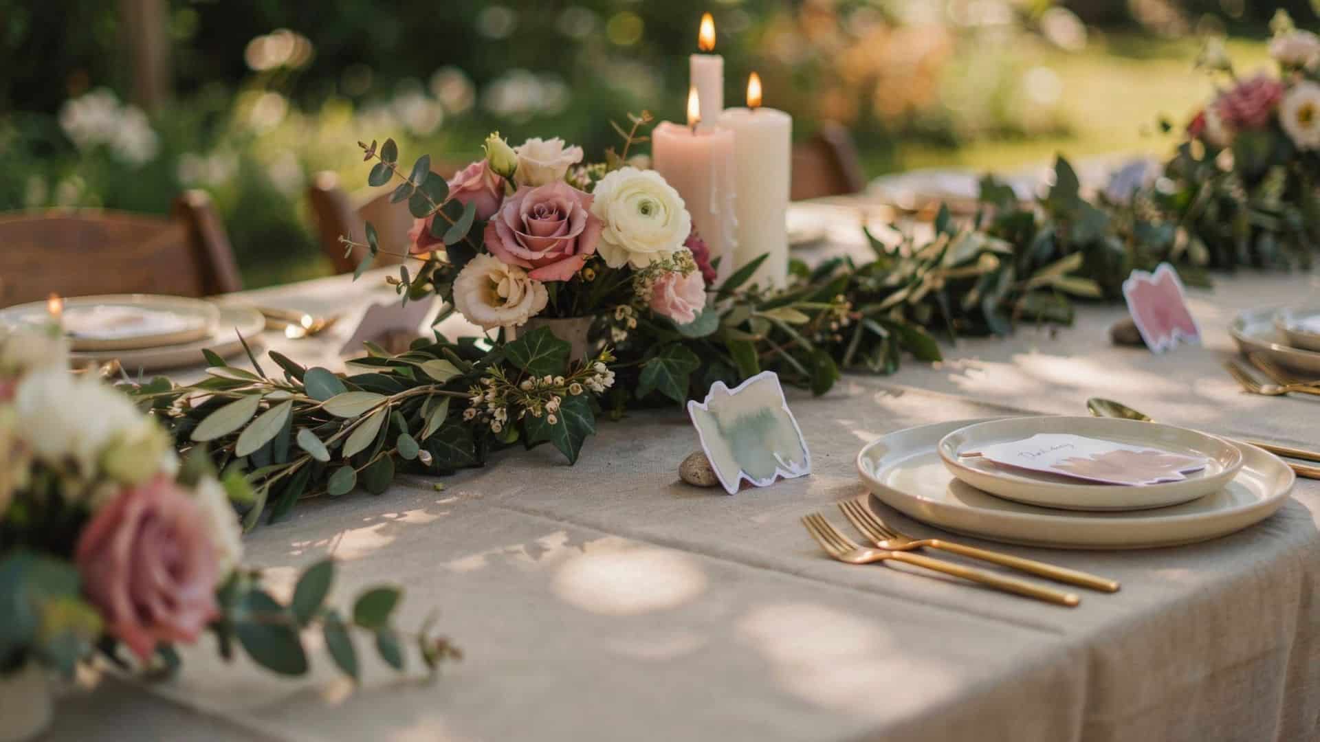 Elegant wedding table setting with rose flowers, eucalyptus greenery, candles, and botanical place cards