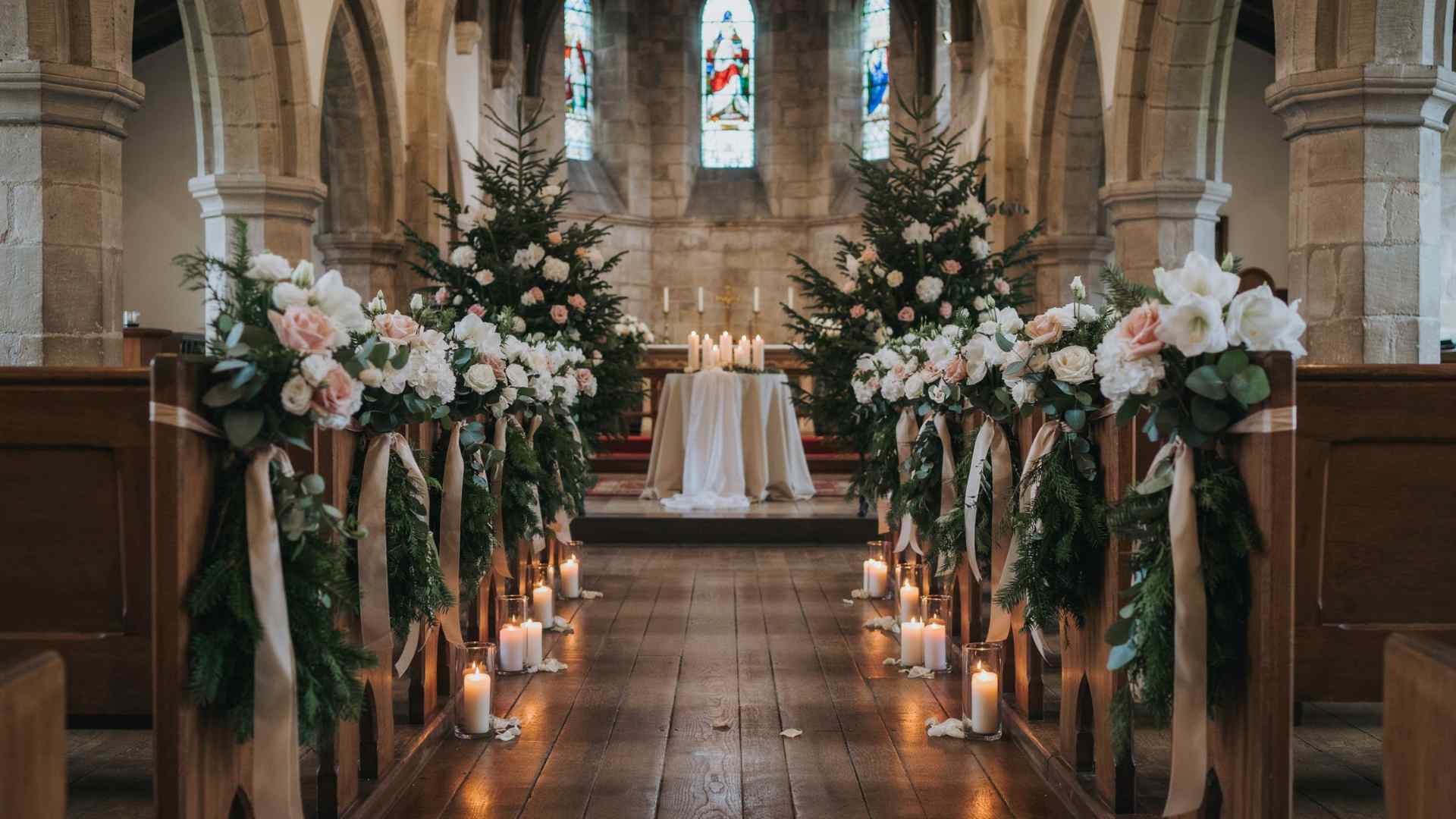 Evergreen branches and white flowers decorating a winter church wedding