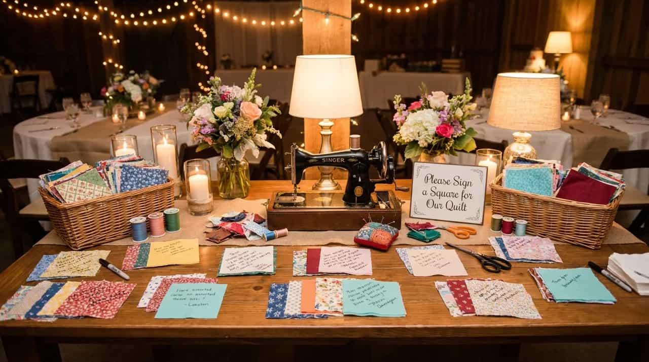 Fabric quilt square guest book with signed pieces creating a handmade wedding keepsake