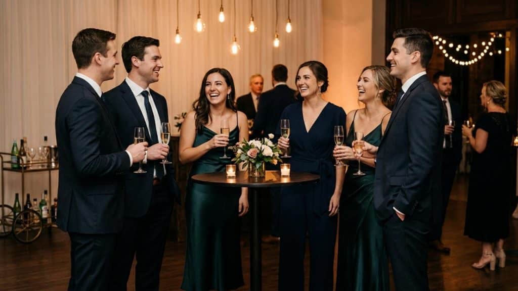 Guests in cocktail wedding attire wearing dark suits and green dresses while socializing with drinks at an elegant reception
