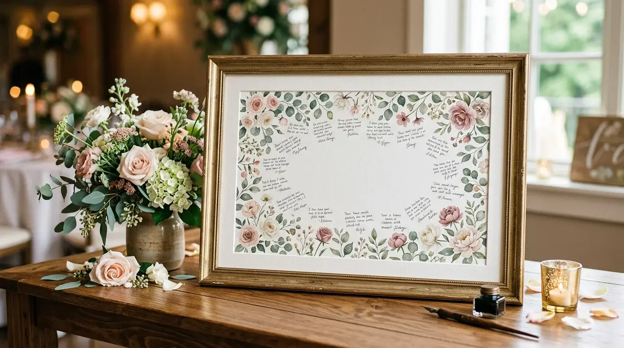 Floral wedding guest book print featuring guest messages integrated into a decorative botanical design