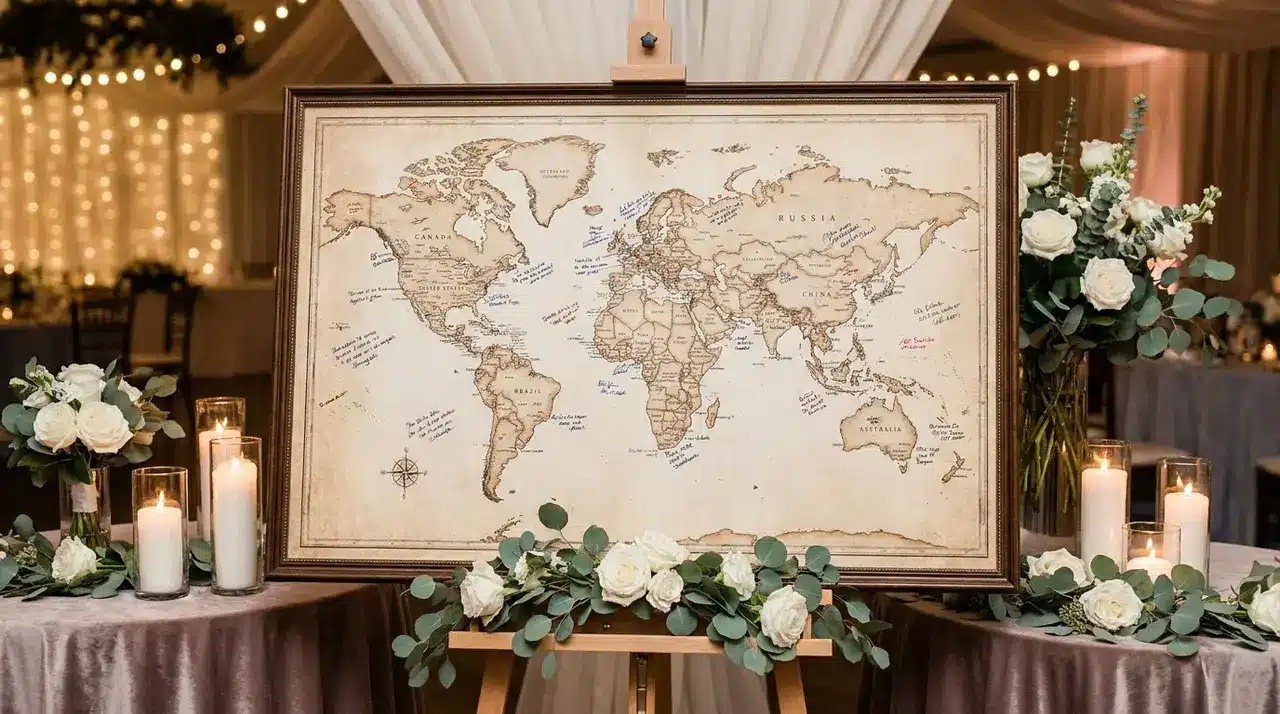 Framed map guest book with guest signatures creating a personalized wedding keepsake display