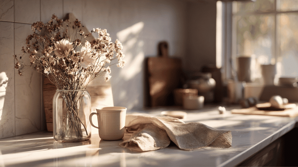 Fresh flower vase on a sunlit kitchen counter in a cozy modern home.
