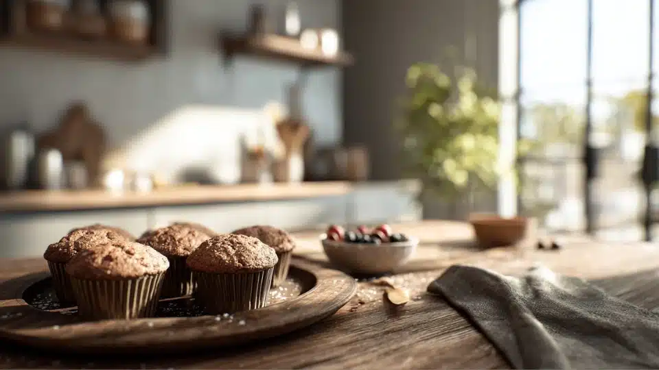 Freshly baked muffins cooling on a sunlit kitchen counter.