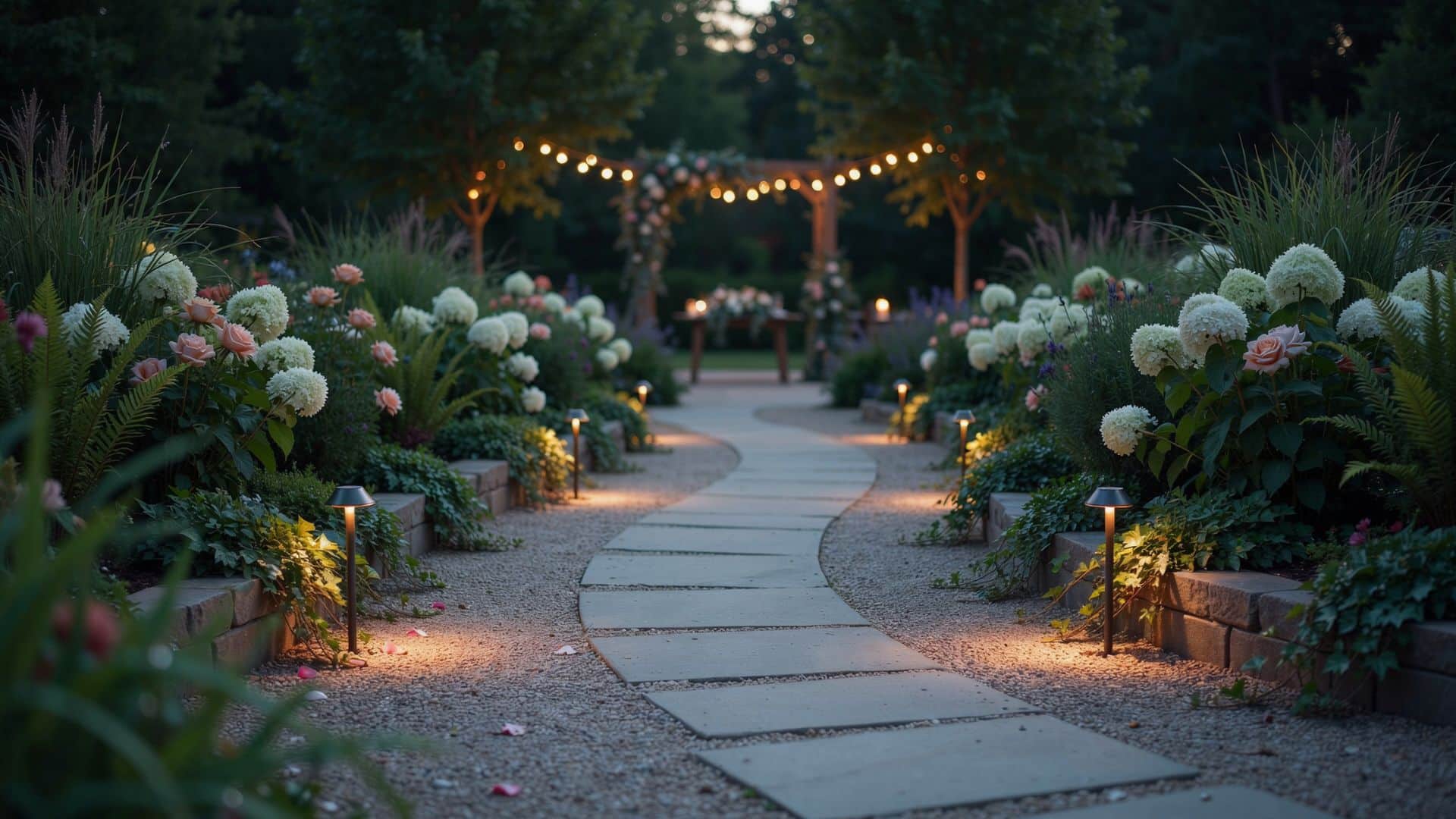 Garden wedding pathway illuminated with solar lights, flower beds, and warm string lights at dusk