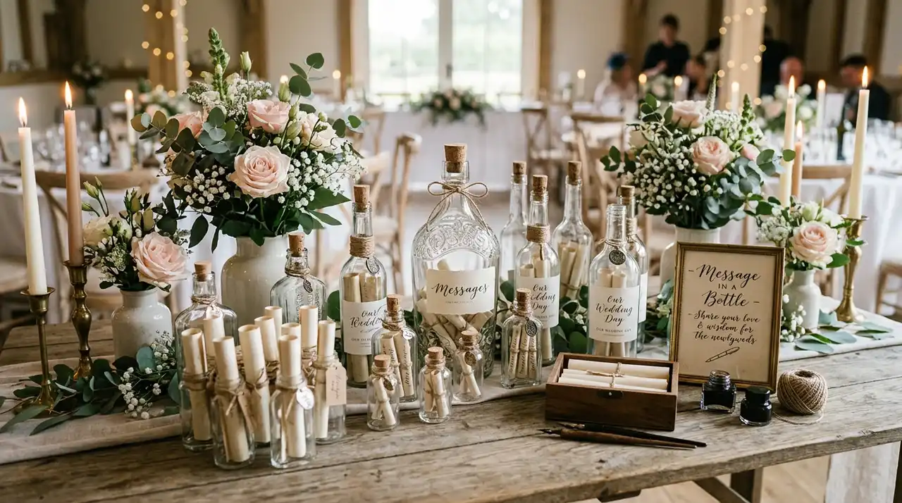 Glass bottles with rolled notes creating a romantic wedding guest book alternative display