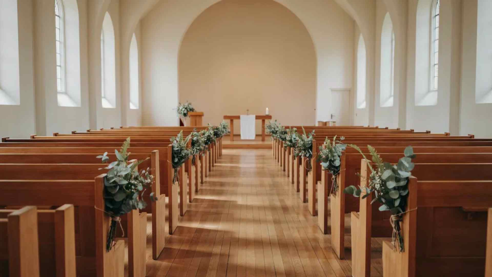 Greenery accents placed on every third church wedding pew