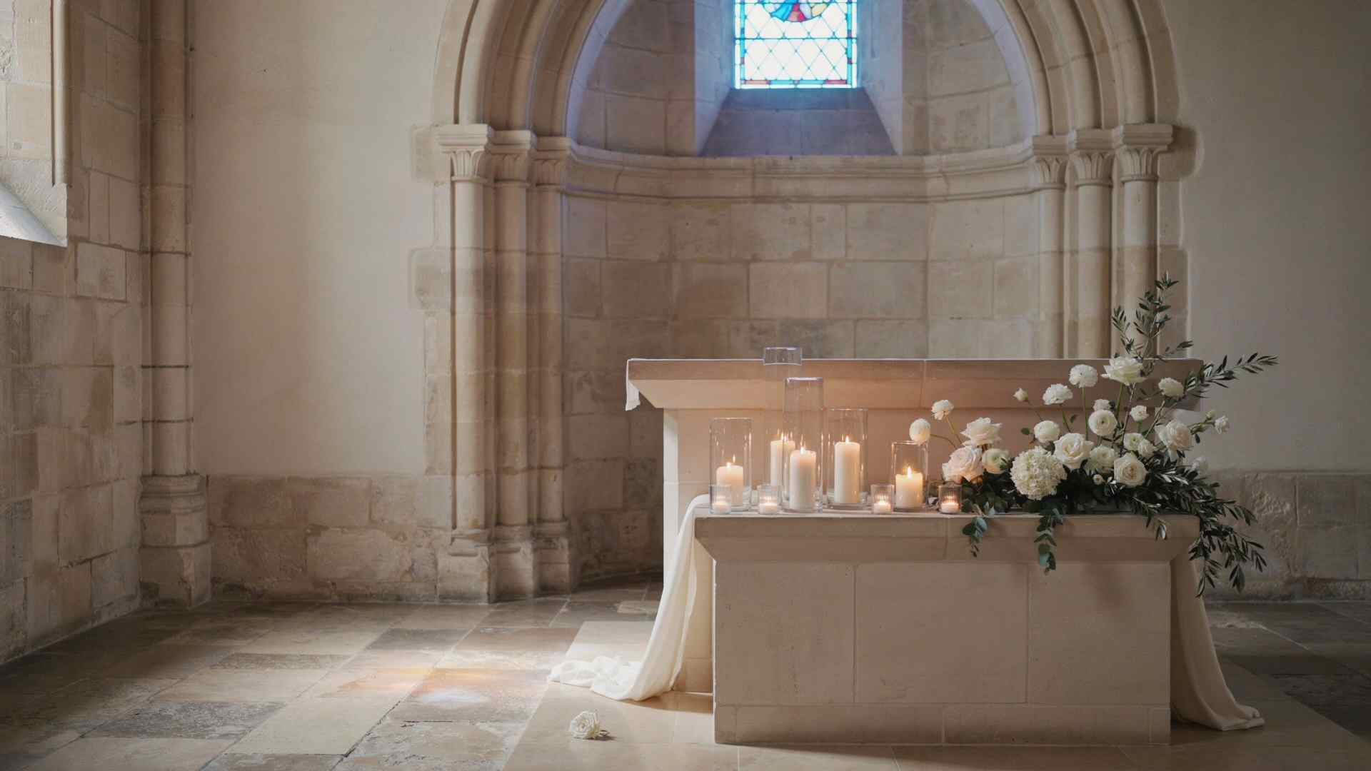 Grouped candles in glass holders decorating a church altar