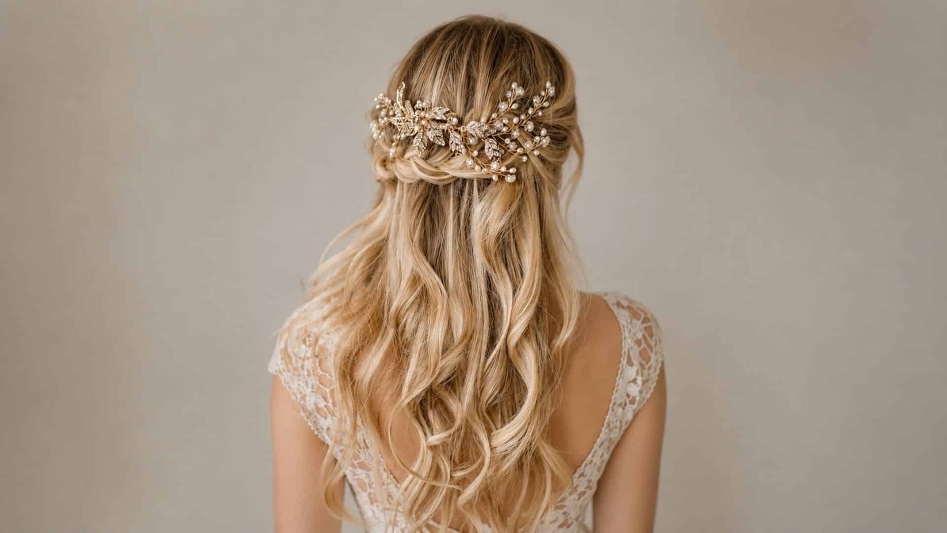 Half up half down blonde wedding hair with soft waves and a floral pearl accessory arranged across the gathered back section