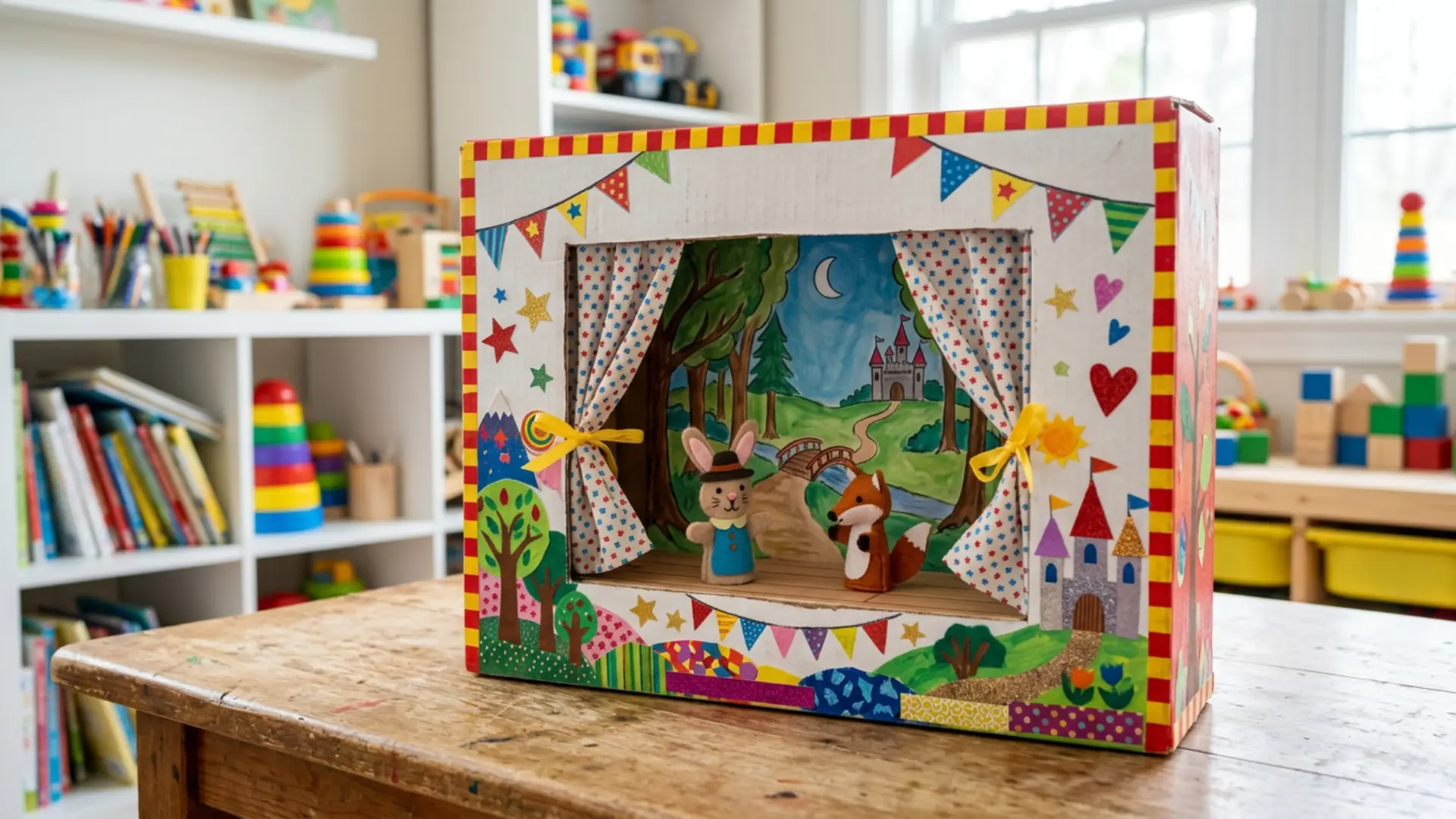 Handmade cardboard puppet theater with colorful decorations curtains and painted scenery created for a kids craft activity