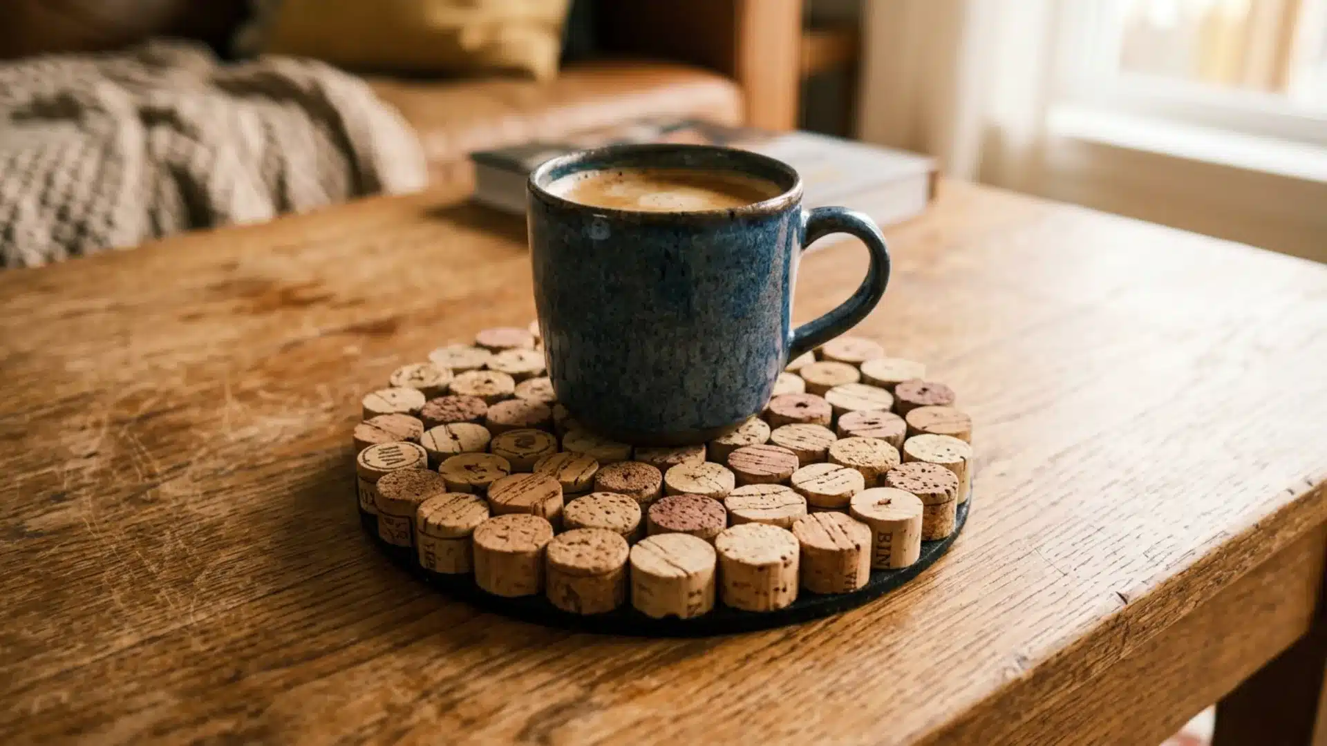 Handmade coaster made from cork pieces supporting a coffee mug on a rustic wooden surface with cozy styling