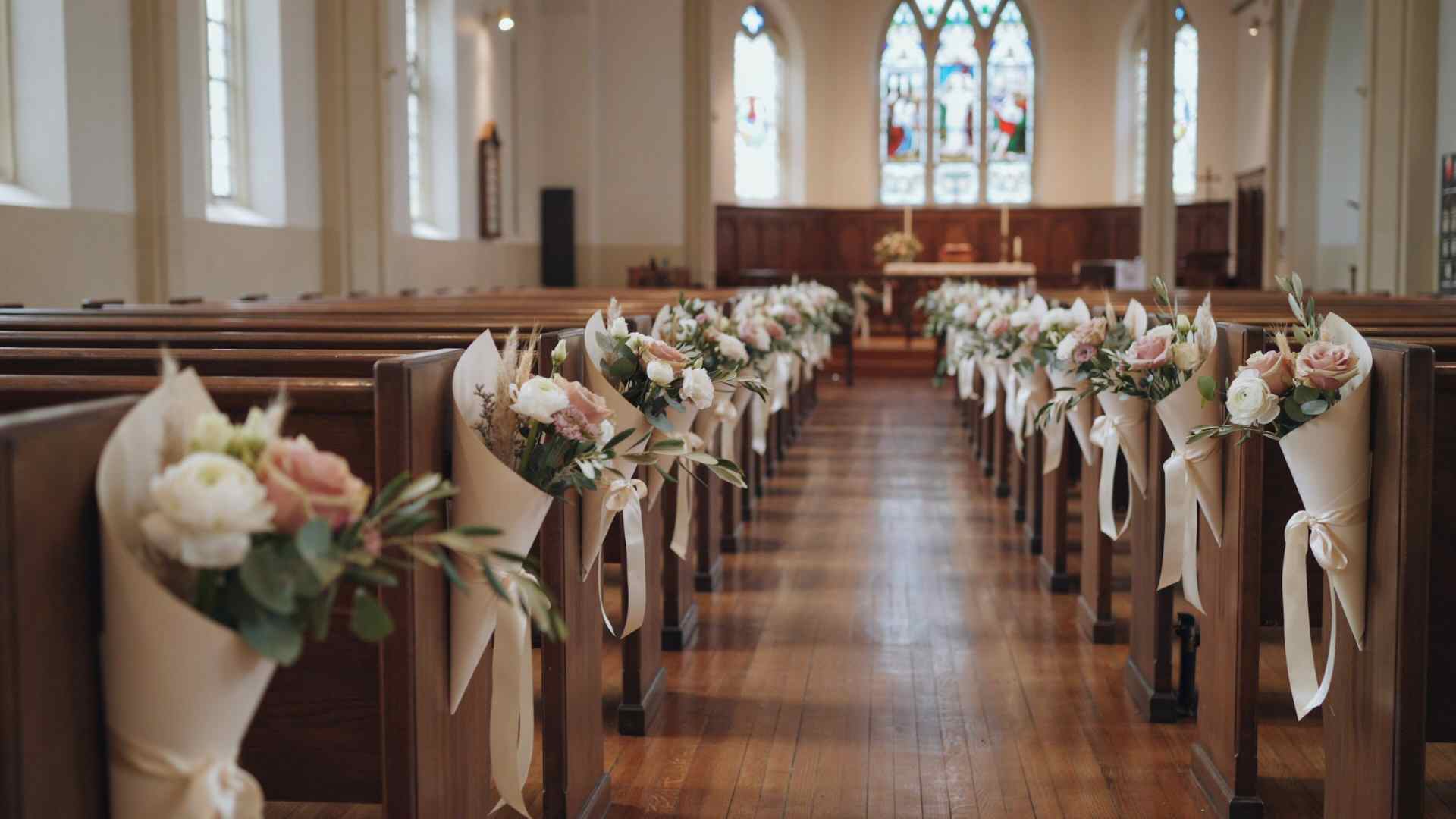Handmade paper cone flowers decorating church wedding pews