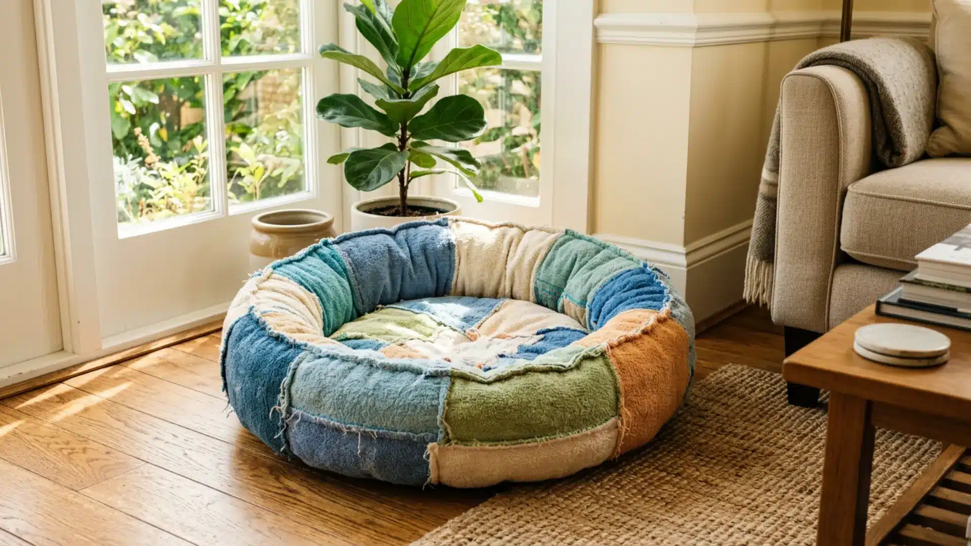 Handmade patchwork pet bed with colorful fabric sections placed in a cozy living room near a window and plant