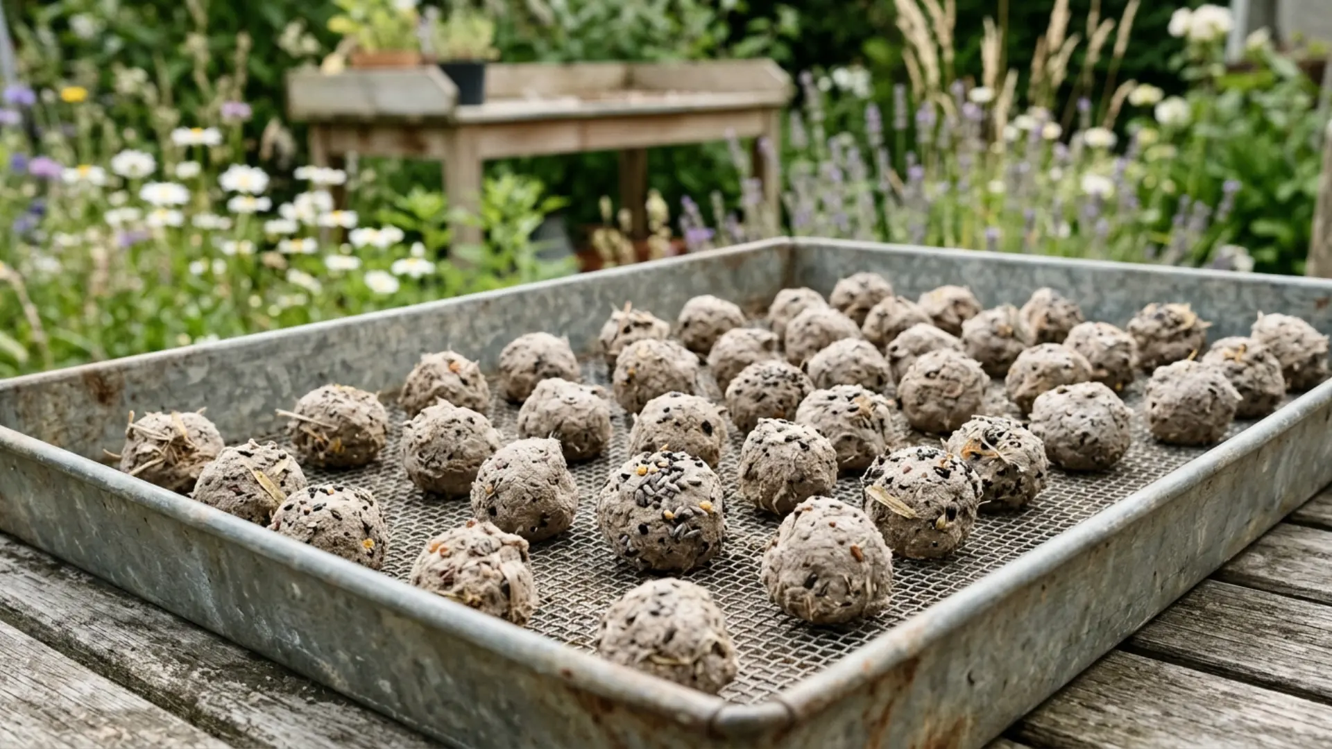 Handmade seed balls arranged on a tray outdoors showing a natural gardening project with soil seeds and organic materials