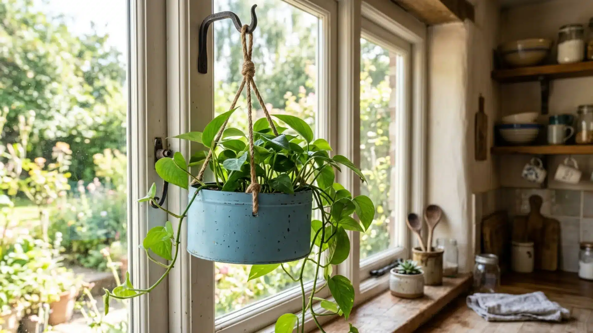 Hanging green plant in a blue planter near a kitchen window creating a fresh natural indoor decor accent
