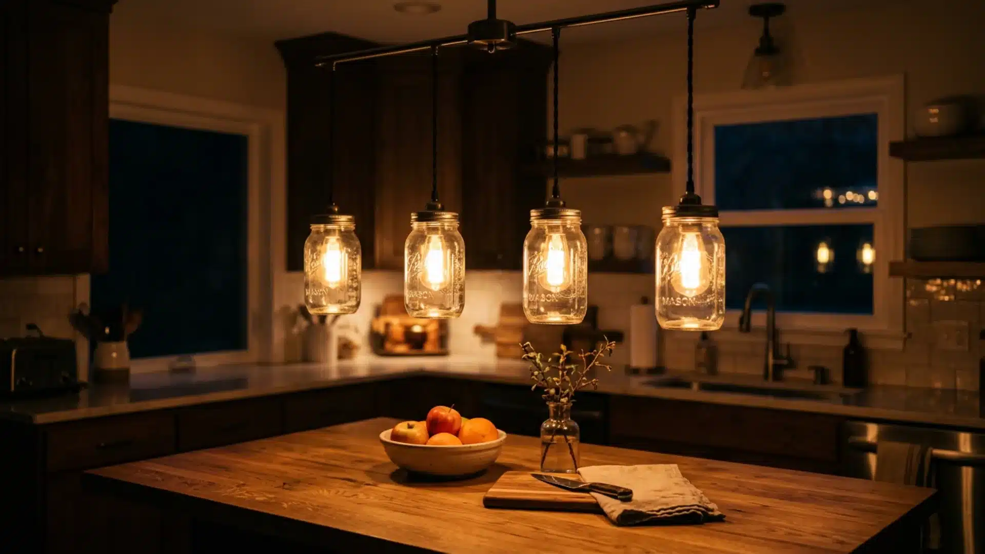 Hanging mason jar lights illuminate a modern kitchen with wooden surfaces creating a warm farmhouse inspired atmosphere