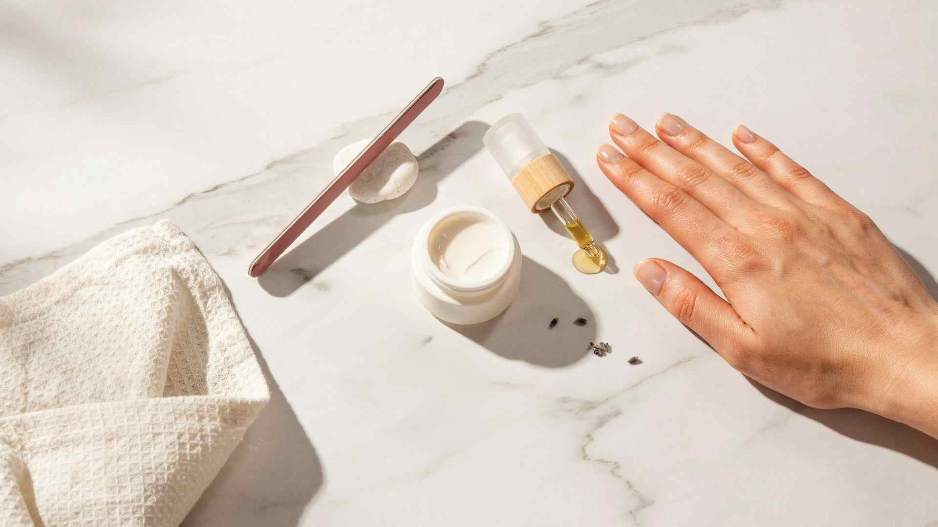Healthy nail care routine with cuticle oil and moisturized manicured hands