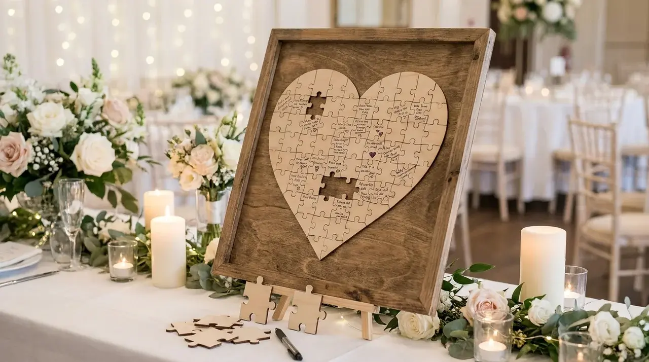 Heart shaped puzzle guest book with signed pieces arranged as a personalized wedding wall keepsake