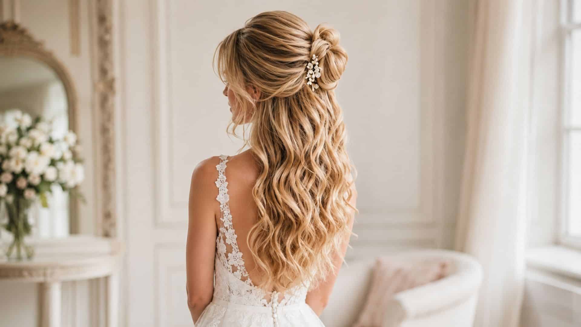 Highlighted bridal hairstyle worn half up half down with loose golden waves, a twisted bun, and delicate pearl hairpiece