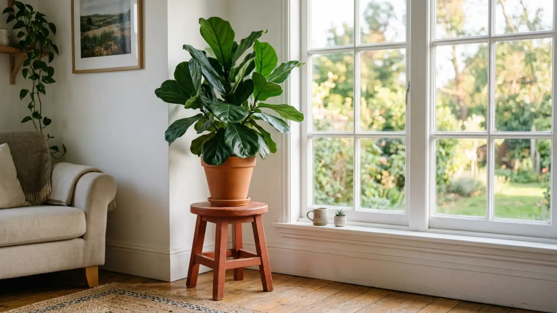 Indoor plant placed on a wooden stool beside a large window creating a bright cozy corner with natural decor