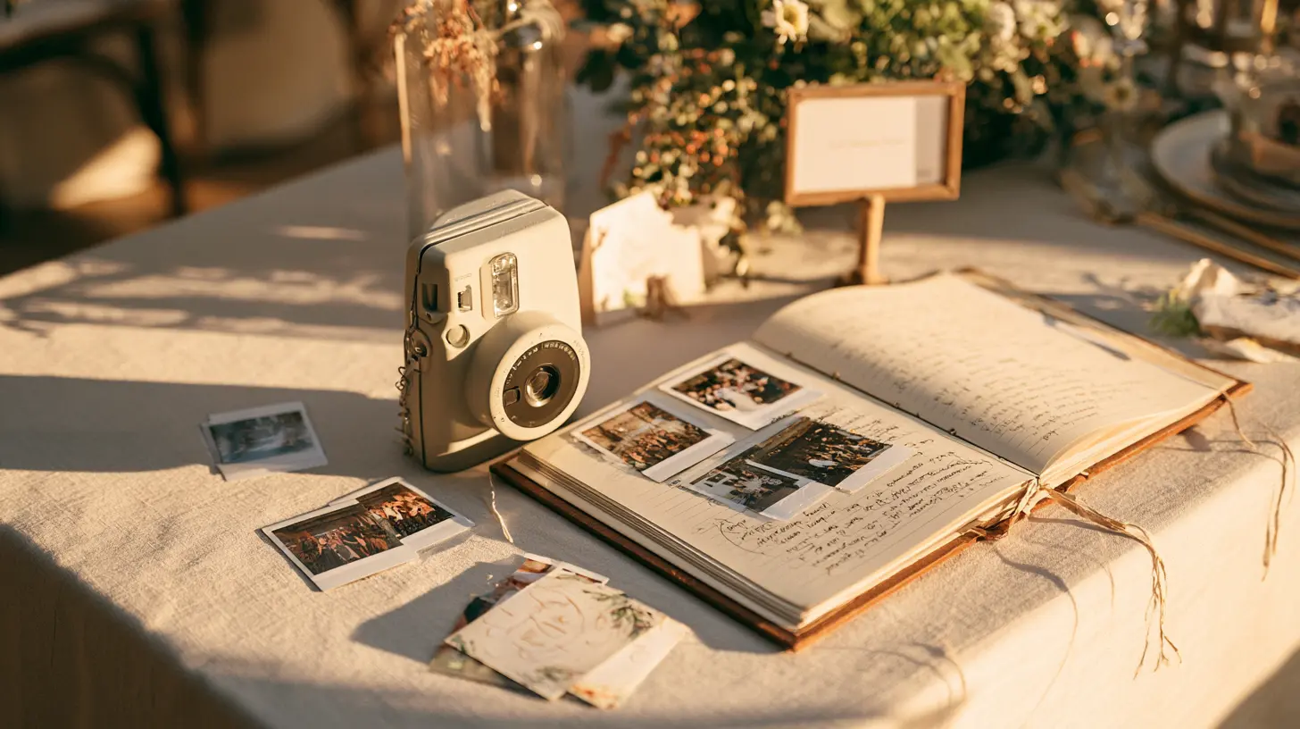 Instant camera memory book setup with printed photos, scrapbook pages, and wedding guest message cards