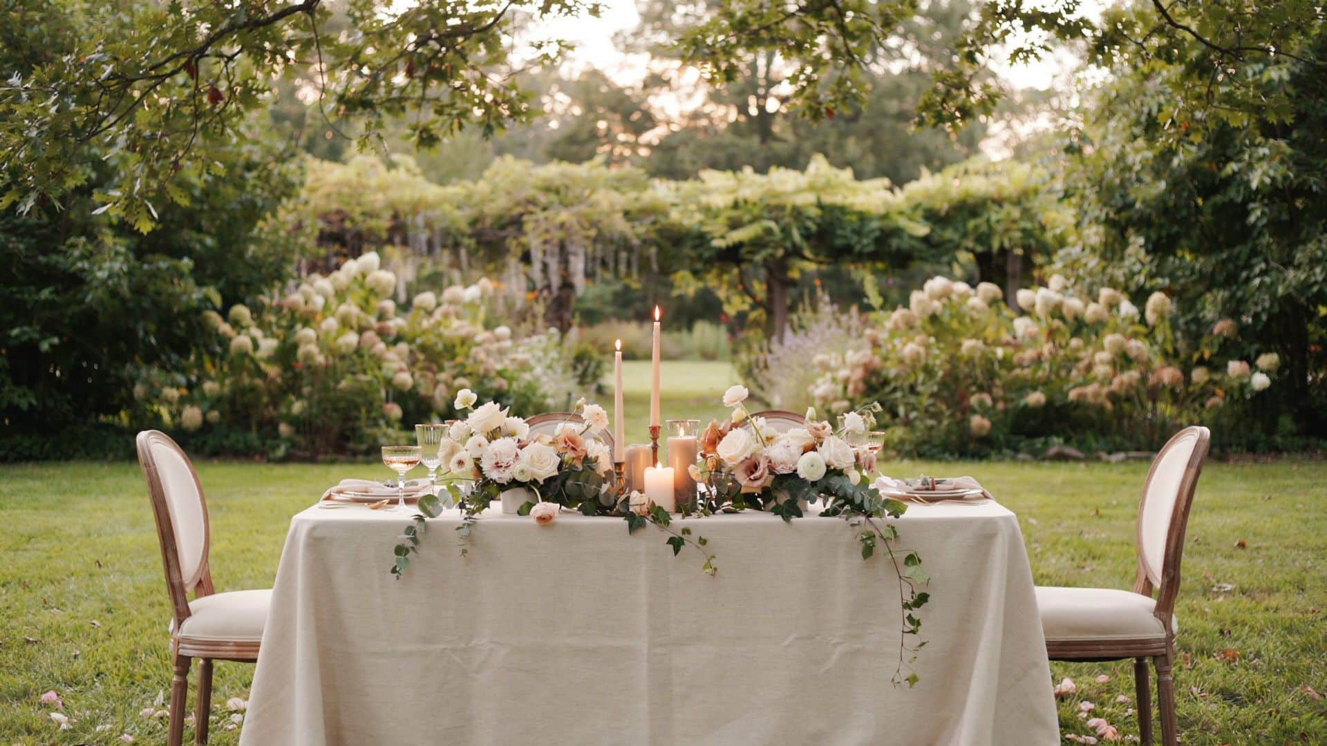 Intimate sweetheart table with white linen, floral garland, candles, and garden greenery backdrop