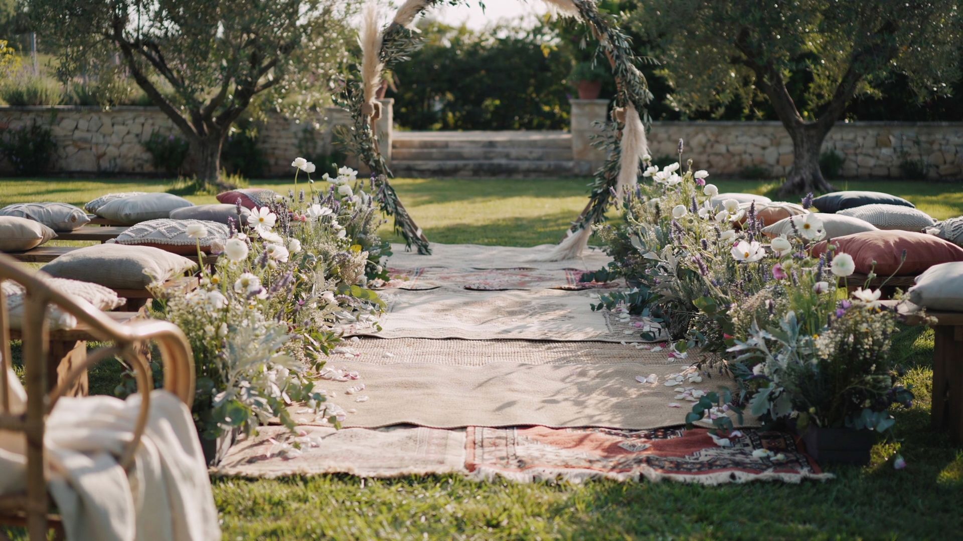 Layered vintage rugs, low benches, cushions, and wildflowers create a relaxed boho outdoor wedding ceremony aisle