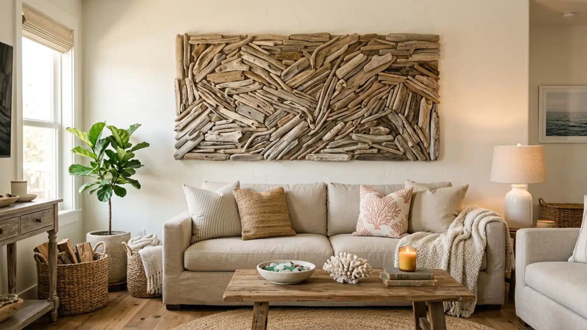 Living room featuring large driftwood wall art above a sofa with neutral decor plants and cozy coastal inspired styling