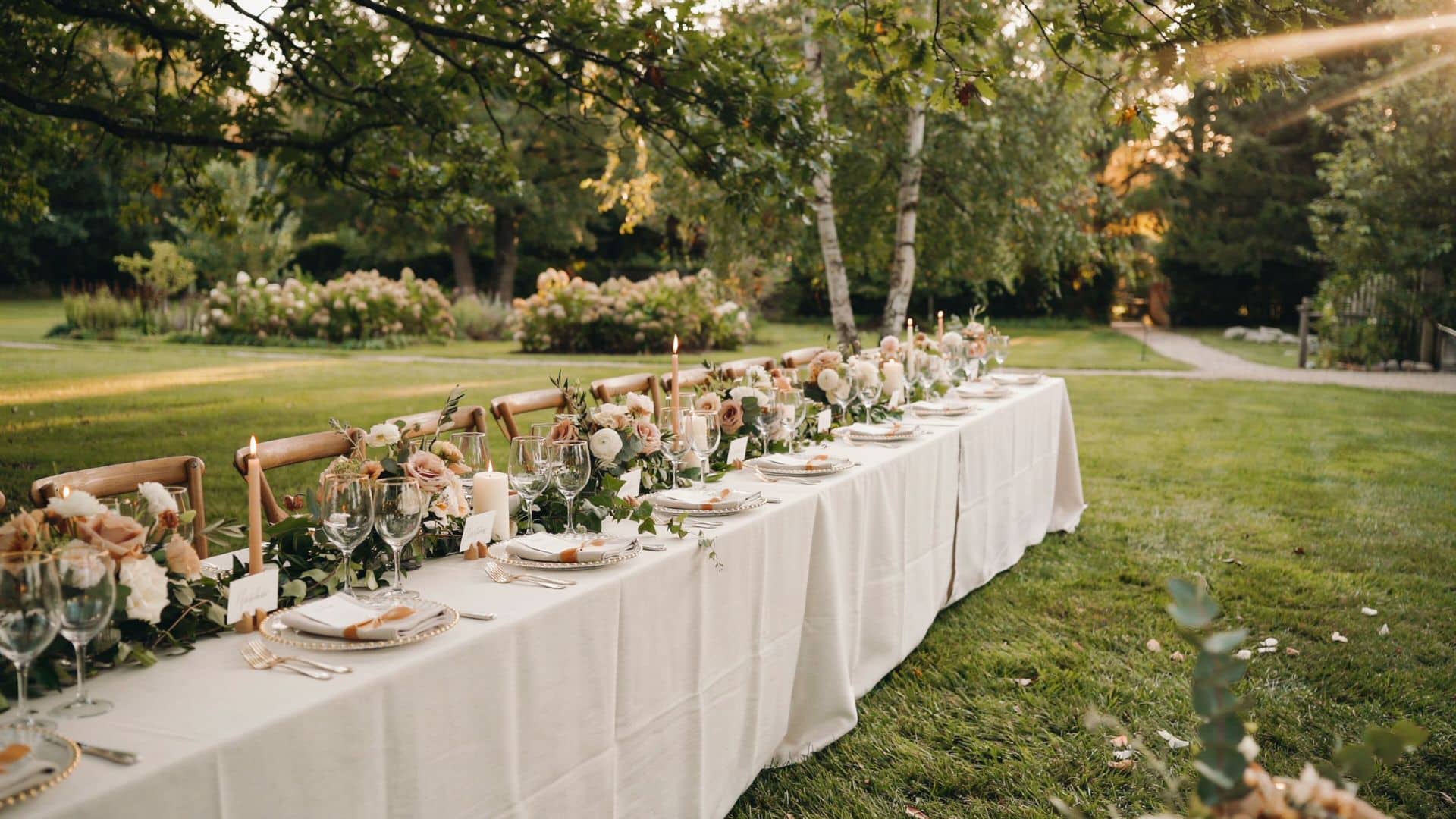 Long outdoor wedding table features white linens, floral garlands, candles, glassware, and wooden chairs