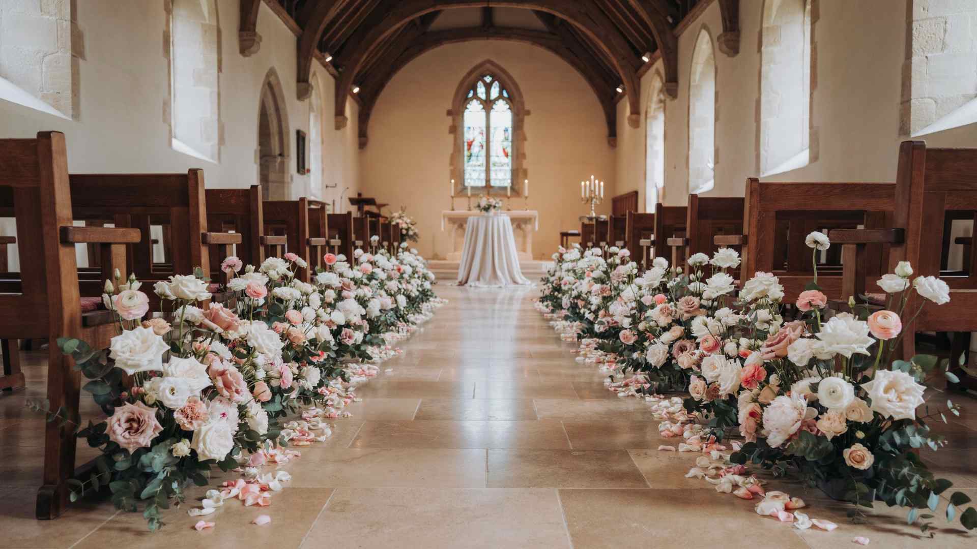 Low floral arrangements decorating the floor around a church altar