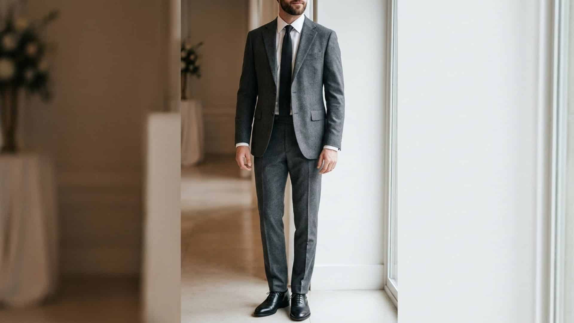 Man wearing a cool gray suit with tailored fit for a modern cocktail wedding guest appearance