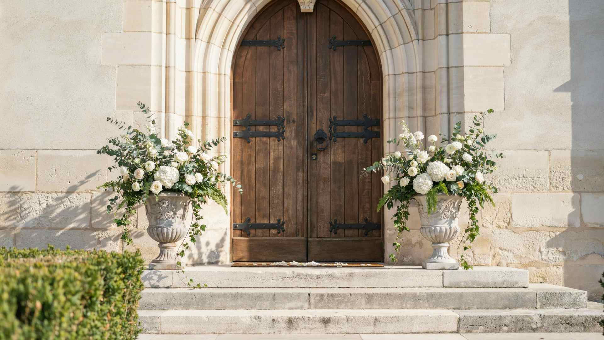 Matching flower-filled urns decorating church wedding steps